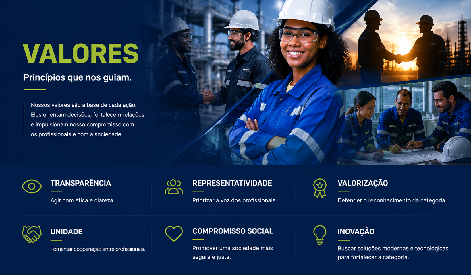 Valores da ASSOTEC: transparência, representatividade, valorização, unidade, compromisso social e inovação
